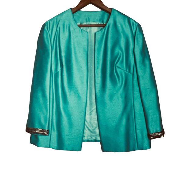 Vintage 60s Size Medium Mod Aqua Shantung Dress Jacket Suit Set Silver Beading - Picture 11 of 16